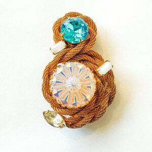 Vintage Hobe Gold Tone Mesh Cord Brooch Faux Opal Teal Crystals